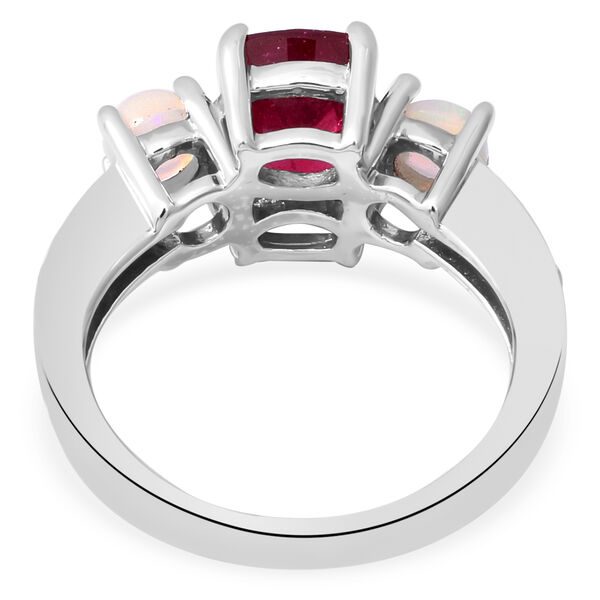 Afrikanischer Rubin, natürlicher, äthiopischer Opal und Zirkon-Ring, (Fissure gefüllt), 925 Silber platiniert image number 5