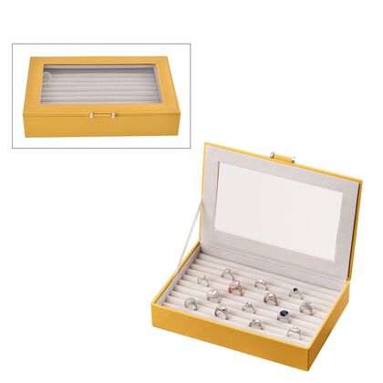 100 Steckplatz Ring Koffer mit Glas Fenster und Kunstleder Polster, 27x18x6 cm, senfgelb
