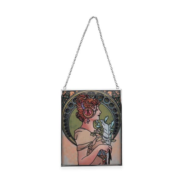 Handbemalter Sonnenfänger aus Glas mit Kette und silberfarbenem Rahmen, Mucha-Motiv, 12x15 cm Frau mit Feder image number 4