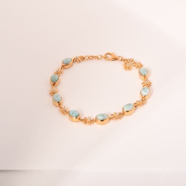 AA Nat&uuml;rlicher gr&uuml;ner Larimar, Wei&szlig;es Zirkon Armband, ca. 19 cm, 925 Silber 750 Gelbgold Vermeil ca. 8.22 ct
