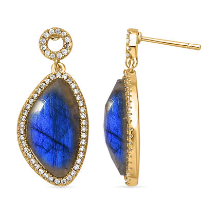 Labradorit Halo, wei&szlig;e Zirkonia Ohrringe, ca. 13.00 ct