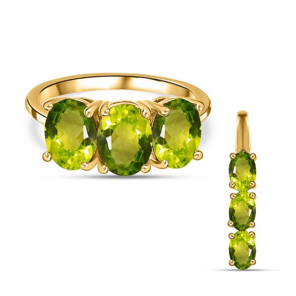 2er-Set, nat&uuml;rlicher Peridot Trilogie-Ring und Anh&auml;nger in Silber, 5,10 ct.