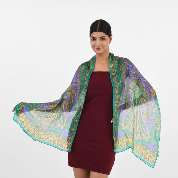 Bedruckter 100% Satin-Seidenschal, 48x160cm, Paisley Gr&uuml;n image number 2