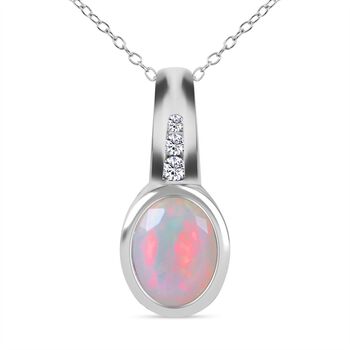 Nat&uuml;rlicher, &auml;thiopischer Welo Opal, wei&szlig;er Zirkon, Anh&auml;nger mit Kette, 925 Silber platiniert ca. 0.92 ct