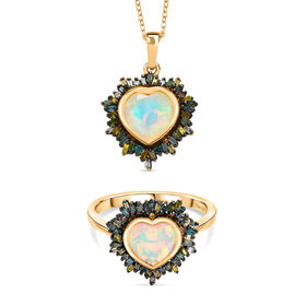 D'Joy äthiopischer Welo Opal und blauer Diamant Ring und Anhänger mit 50cm Kette