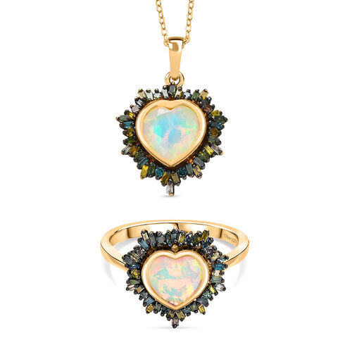 D'Joy äthiopischer Welo Opal und blauer Diamant Ring und Anhänger mit 50cm Kette image number 0