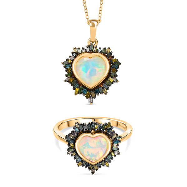 D'Joy &auml;thiopischer Welo Opal und blauer Diamant Ring und Anh&auml;nger mit 50cm Kette