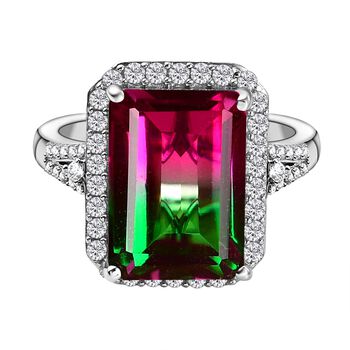 Wassermelonen-Quarz-Triplett und wei&szlig;er Zirkon-Ring, 925 Silber platiniert (Gr&ouml;&szlig;e 17.00) ca. 9,03 ct