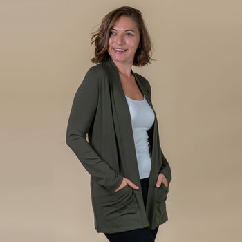 TAMSY - Jersey Cardigan mit offener Vorderseite f&uuml;r Damen, Gr&ouml;&szlig;e 38, Khaki