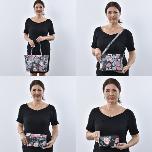 4er-Set, Crossbody-Tasche, Brieftasche, Handtasche und Clutch aus Kunstleder, Blumenmuster, Schwarz image number 1