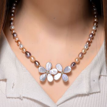 Keshi Perle (12x9 mm), Mehrfarbige S&uuml;&szlig;wasser Perle (7-8mm) Halskette ca. 50 cm 925 Silber vergoldet