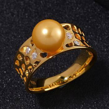 Goldene Muschelkernperle, Moissanit Ring 925 Silber 750 Gelbgold Vermeil (Gr&ouml;&szlig;e 17.00)