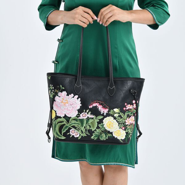 Bestickter Shopper, Kunstleder, Blumen Design, 46 x 15 x 28 cm, Schwarz image number 3
