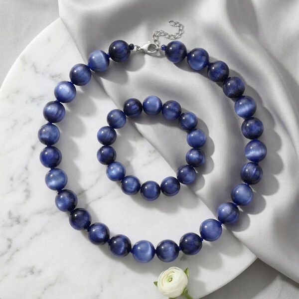 Simuliertes flexibles blaues Katzenauge Armband und 45+5cm Halskette image number 1