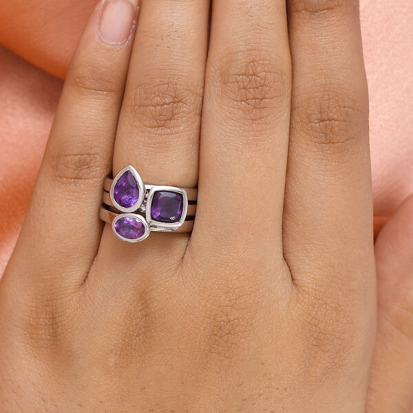 Stapelbarer, afrikanischer Amethyst 3-fach-Ring, Edelstahl ca. 1,87 ct image number 3