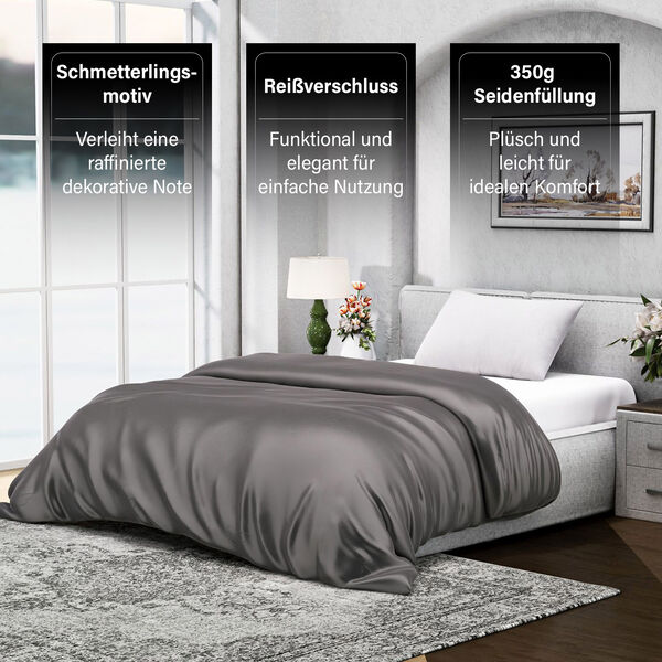 Serenity Night - 100% Maulbeerseide Sommerseidendecke mit Seidenf&uuml;llung Daunenkissen und Seidenkissenbezug Grau image number 12