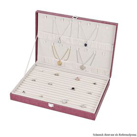 Extra-Large Premium Glitzerleder Ring-Koffer mit Haken und Taschen für Halsketten und Armbänder, 40 x 28 x 6 cm, Pink