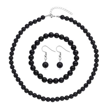 3er Schmuckset, schwarzer Glasachat, Edelstahl, ca 323,30 ct
