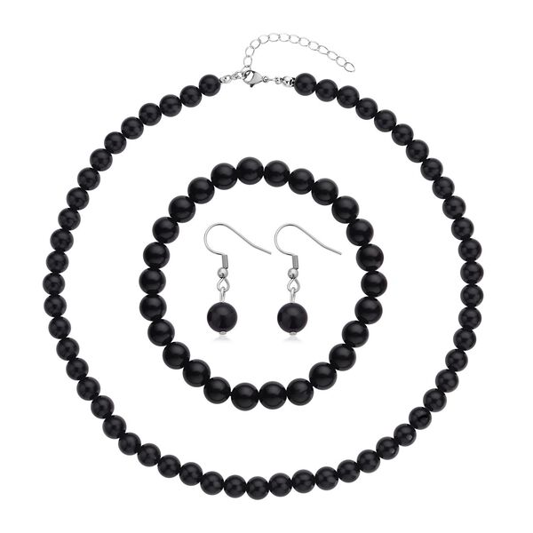 3er Schmuckset, schwarzer Glasachat, Edelstahl, ca 323,30 ct