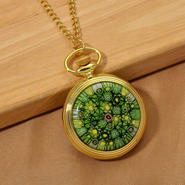 STRADA - Gr&uuml;nes Murano-Stil Glas, Taschenuhr,  PC21S Japanisches Uhrwerk, 91.4 cm Eisen Gelb image number 2