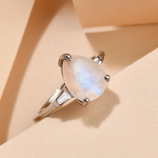 Premium Regenbogen Mondstein und Zirkon-Ring, 925 Silber platiniert  ca. 2,46 ct image number 2