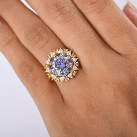 DJoy Tansanit, Moissanit und Gelber Saphir Ring 925 Silber 750 Gelbgold Vermeil (Größe 17.00) ca. 3.47 ct