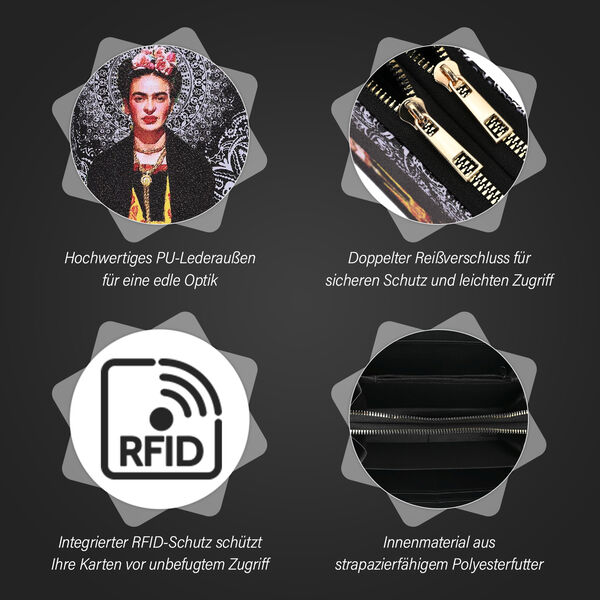 Frieda Kahlo Brieftasche mit doppeltem Reißverschluss und RFID-Schutz image number 3