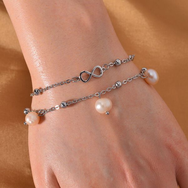 Pfirsich-S&uuml;&szlig;wasser Perlen Armband, ca. 19 cm + 5 cm Extender, Reiner Edelstahl image number 1