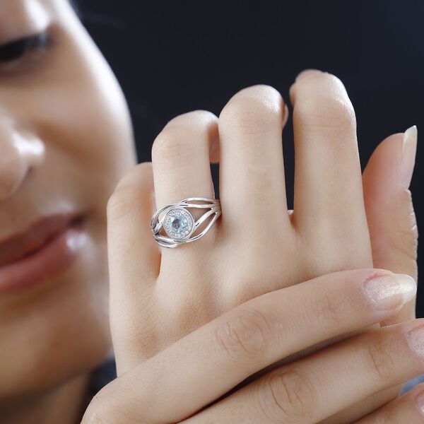 TUCSON FIND - Natürlicher AA Aqua Kyanit, Weißer Zirkon Ring 925 Silber rhodiniert (Größe 19.00) ca. 0.81 ct image number 3