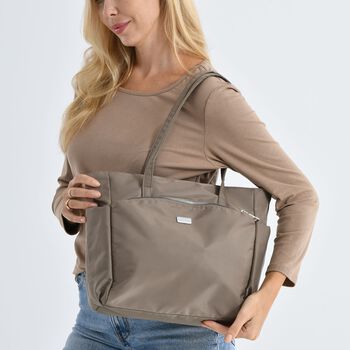 Signature Handtasche, edles Nylon Design mit 3 Rei&szlig;verschluss Taschen und 2 offenen Au&szlig;entaschen, 30x30x10cm, Dunkel Khaki