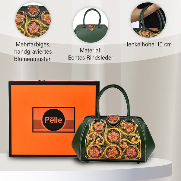 Grand Pelle  - Echtleder Handtasche, 35,5x23x18 cm, dunkelgrün image number 3