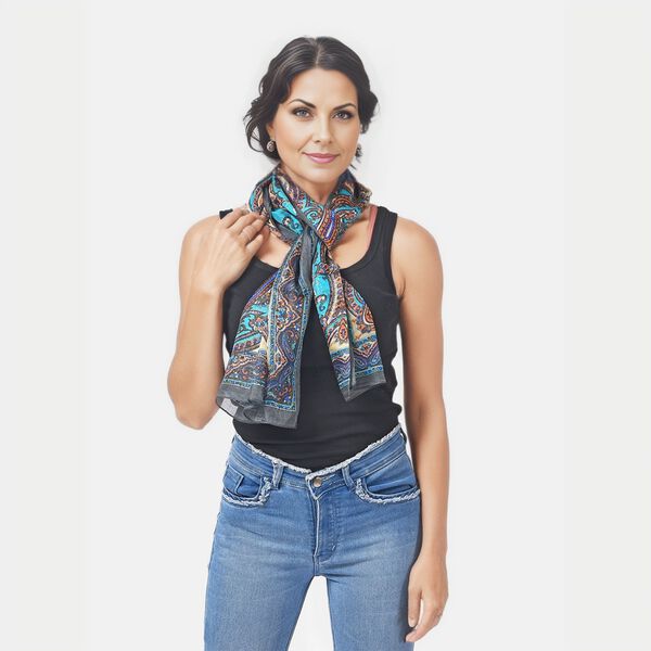 Bedruckter Seidenschal, 48x160cm, Blaugr&uuml;n