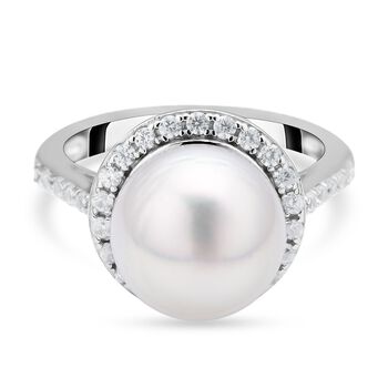 Wei&szlig;er S&uuml;dseeperlen und Zirkon-Ring, (11-12 mm), 925 Silber rhodiniert (Gr&ouml;&szlig;e 17.00) ca. 0,74 ct