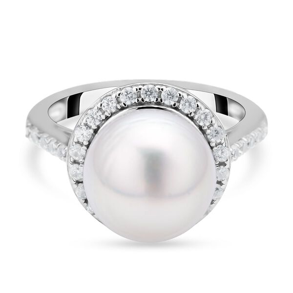 Wei&szlig;er S&uuml;dseeperlen und Zirkon-Ring, , 925 Silber rhodiniert