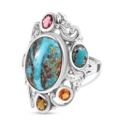 Sierra Nevada T&uuml;rkis und mehrfarbig Turmalin Ring, 925 Silber platiniert (Gr&ouml;&szlig;e 16.00) ca. 7.04 ct
