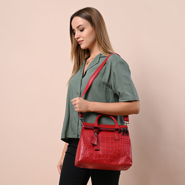 Schultertasche aus 100% echtem Leder mit Kroko-Pr&auml;gung und abnehmbarem Riemen, Rot&nbsp; image number 2