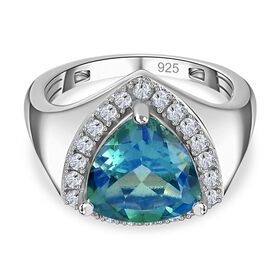 Pfau Quartz Triplette, Weißer Zirkon Ring, 925 Silber platiniert, (Größe 21.00) ca. 3.84 ct