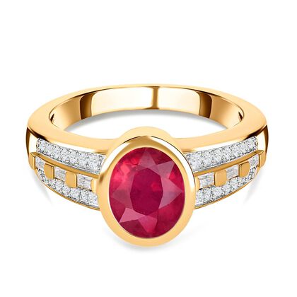 Afrikanischer Rubin (Fissure gef&uuml;llt) und wei&szlig;er Zirkon Ring, 925 Silber vergoldet (Gr&ouml;&szlig;e 18.00), ca. 3.18 ct