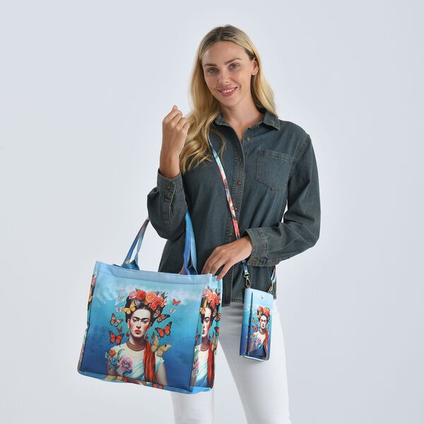 Frida Kahlo und Schmetterling Design Set, Shopper und Handy Umhängetasche, 40 x 12 x 35 cm, Blau image number 3