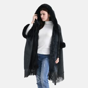 LA MAREY - Poncho aus Webpelz mit Fransen und Fleecefutter, Einheitsgröße, Grau