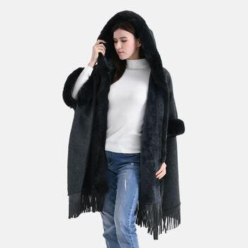 LA MAREY - Poncho aus Webpelz mit Fransen und Fleecefutter, Einheitsgr&ouml;&szlig;e, Grau