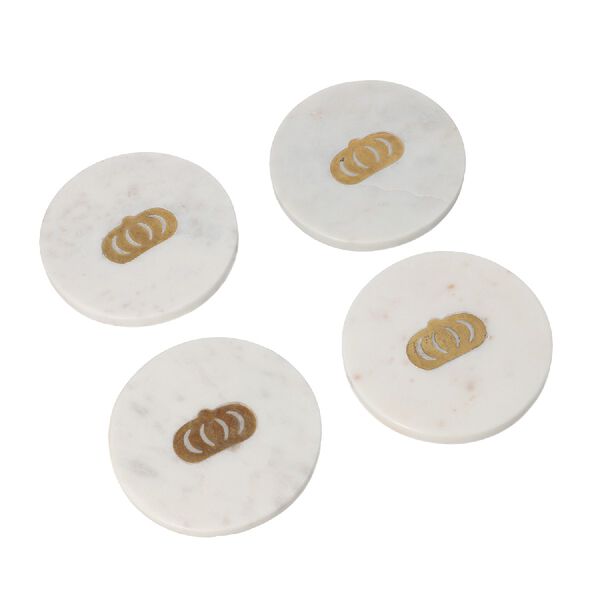 NAKKASHI - 4er-Set, Marmor Untersetzer mit Messingintarsie, Krone, Gr&ouml;&szlig;e 10x10 cm, Wei&szlig; image number 3