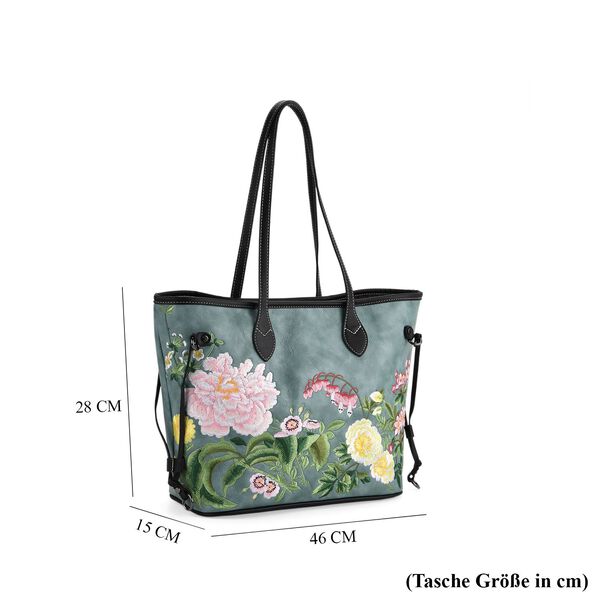 Bestickter Shopper, Kunstleder, Blumen Design, 46 x 15 x 28 cm, Blau image number 8