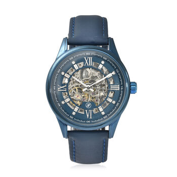 Genoa - Goldfarbene Automatikuhr, transparentes Ziffernblatt, echtes Leder-Armband, wasserdicht bis 5 ATM, Edelstahl IP-Blau-Plattierung