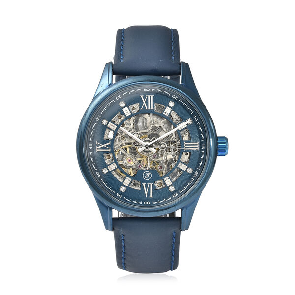 Genoa - Goldfarbene Automatikuhr, transparentes Ziffernblatt, echtes Leder-Armband, wasserdicht bis 5 ATM, Edelstahl IP-Blau-Plattierung image number 0