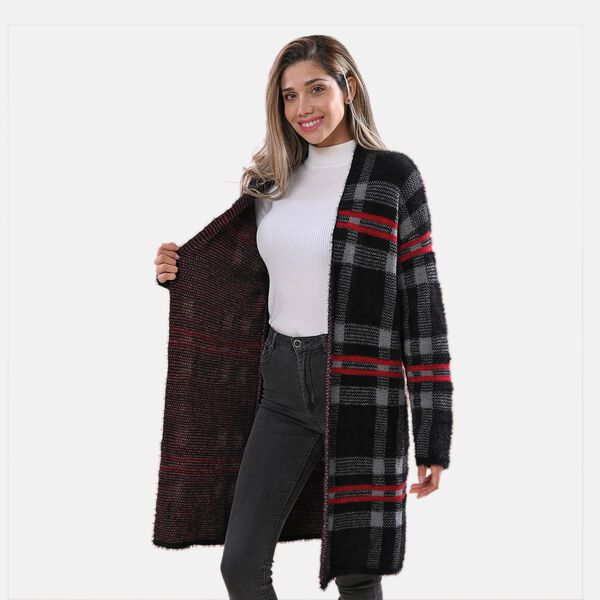 LA MAREY lange Strickjacke, Karomuster, Grau und Schwarz image number 5