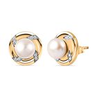 Drilled Süßwasser Perle, Weißer Zirkon Ohrringe 925 Silber 750 Gelbgold Vermeil