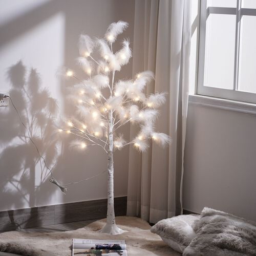 Federbaum mit 48 warmen LEDs und 3m USB-Kabel - 1,2m Höhe, Weiß image number 1