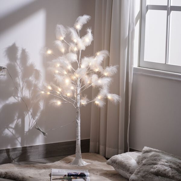 Federbaum mit 48 warmen LEDs und 3m USB-Kabel - 1,2m Höhe, Weiß image number 1