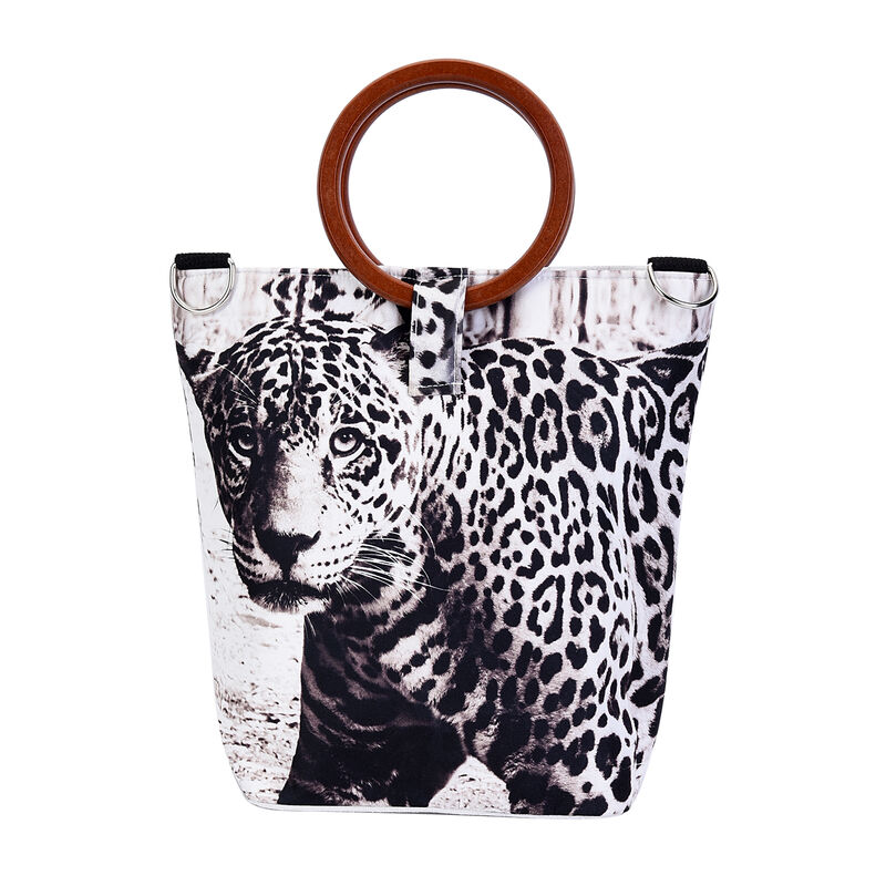 Handtasche mit Holzgriff, Leopardenmuster, Größe 32x12x29cm, Schwarz und Weiß image number 0